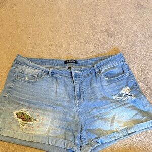 d. jeans Light Blue Distressed Denim Shorts with Embroidered Patch